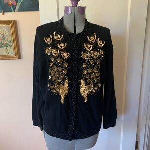 VTG 1950s Black Wool Cardigan Gold Beaded Sequined Peacock Sweater Lined Sz 46